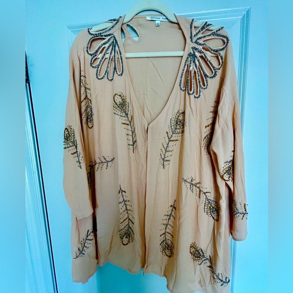 Beaded M/L overtop, beautiful pale pink, Anthropologie